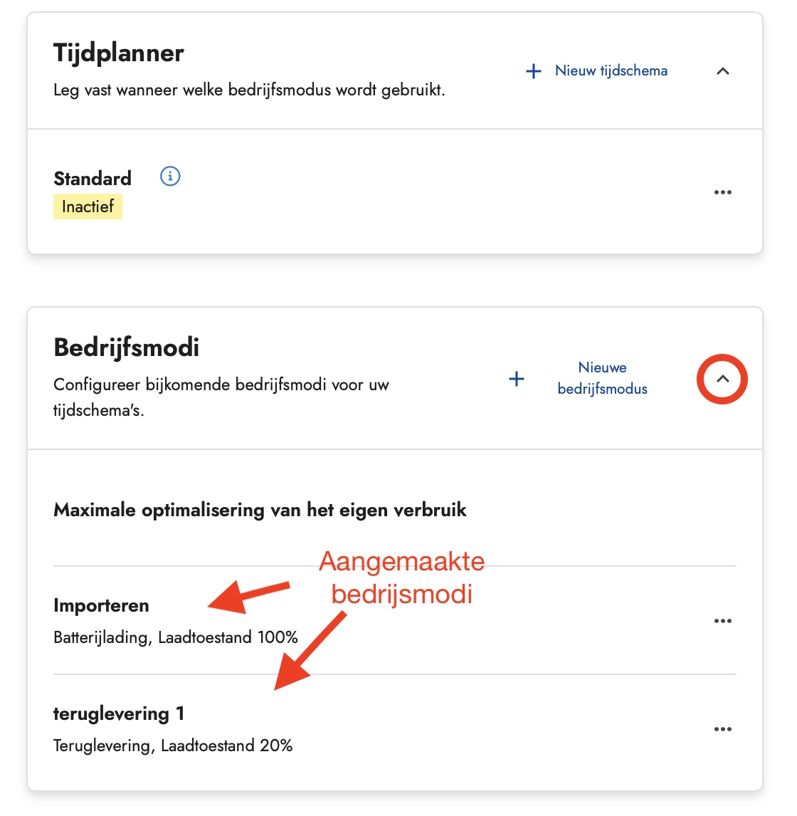 aangemaakte bedrijfsmodi