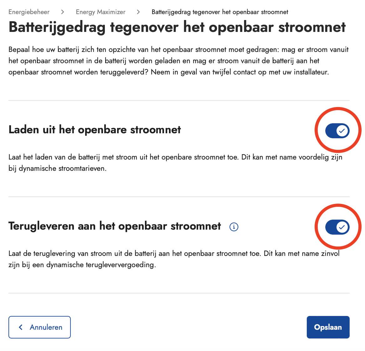 instellen teruglevering